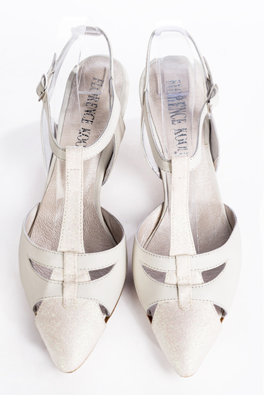 Off white women's open back T-strap shoes. Tapered toe. Low wedge heels. Top view - Florence KOOIJMAN